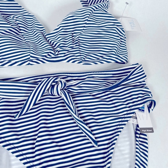 Time and Tru High Waisted Striped Bikini Size 12-14 Blue and White - Picture 2 of 5